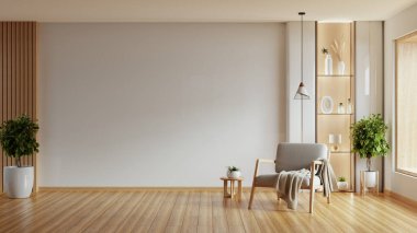 Parlak iç tasarım koltuğu ve dekorasyon aksesuarları beyaz renkli duvar, minimum oturma odası - 3D dekorasyon