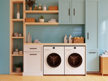 Pastel mavi bir duvarın karşısındaki çamaşır odası...