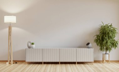 Mokup beyaz arka plan, modern oturma odası dekorasyonu ve televizyon dolabı.