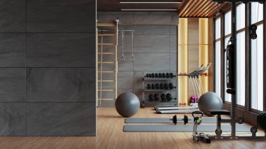 Spor ve dekorasyon tarzıyla döşenmiş iç dekorasyonda beton duvar. 3 boyutlu.