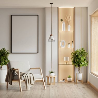 Çerçeve modeli, sandalyesi, masası ve vazosu olan beyaz bir oda. Oturma odası posteri mockup- 3D görüntüleme