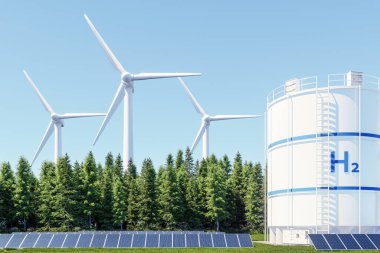 Ağaçlar arasında yemyeşil bir çimenlikte güneş panelleri ve rüzgar türbinleriyle hidrojen depolama - 3D görüntüleme