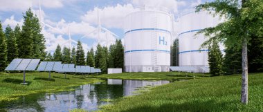 Ağaçlar arasında yemyeşil bir çimenlikte güneş panelleri ve rüzgar türbinleriyle hidrojen depolama - 3D görüntüleme