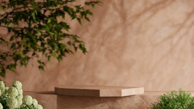 Kahverengi moka köpüklü kahverengi taş podyum ürün sunumu için 2025 renk - 3D görüntüleme