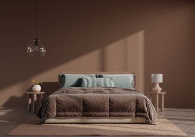 Kahverengi Mocha Mousse 2025 renginde koyu renk yatak odasının içini 3D biçimlendirin.