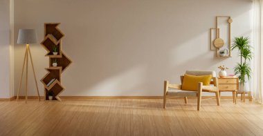 Minimalist oturma odasında beyaz duvarda bir koltuk ve dekoratif aksesuarlar bulunur.