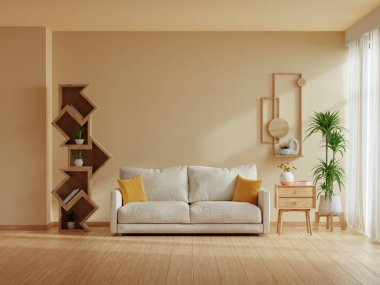 Modern oturma odasının içinde, oturma odasındaki açık yeşil duvarda nane yeşili kanepe var. 3 boyutlu.