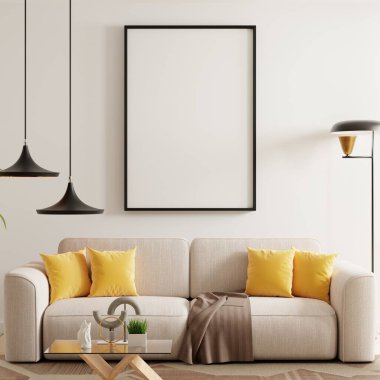 Çerçeve modeli, modern iç mimari çerçeve, oturma odasının duvar posteri mockup- 3D