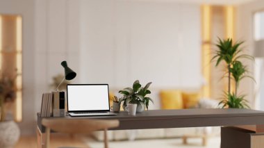 Ahşap bir masanın üzerinde beyaz ekranlı bir dizüstü bilgisayarın yakın çekimi, rahat bir oturma odasında dekoratif eşyalar eşliğinde - 3D görüntüleme