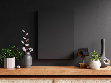 Oturma odasının iç tarafındaki dolaba yerleştirilmiş bir çerçeve boş bir karanlık duvarın arkasına yerleştirilmiş. 3 boyutlu.