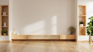 Oturma odasındaki dekorasyonlarla döşenmiş beyaz duvarlı bir televizyon modeli. 3 boyutlu.