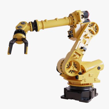 Beyaz arka planda duran kavrayıcı ile sarı robotik kol - 3D görüntüleme