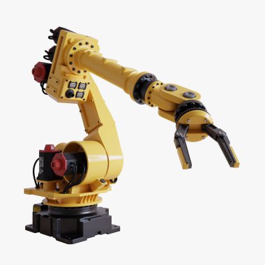 Beyaz arka planda duran kavrayıcı ile sarı robotik kol - 3D görüntüleme