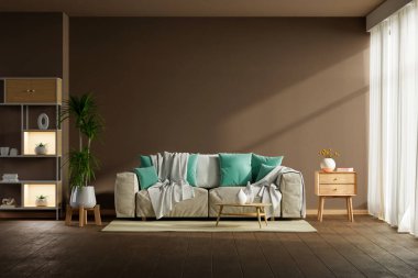 İçinde yeşil yastıklar, yumuşak bir battaniye, ahşap sehpa, vazo dekorlu sehpa ve uzun saksı bitkileri olan bej bir kanepe bulunan şık bir oturma odası. Sıcak kahverengi duvar, doğal güneş ışığı, ahşap zemin ve minimalist İskandinav des