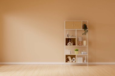 İç dekoratif eşyalarla donatılmış minimalist raf - 3D görüntüleme