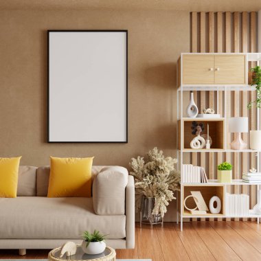 Konforlu oturma odasında, ahşap döşemesi ve ahşap kaplamalı modern bej kanepe.