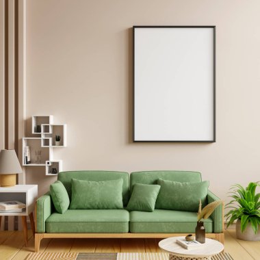 Model poster çerçeveli, rahat yeşil koltuklu, modern iç tasarımı 3D çizimli, minimal oturma odası.