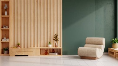 Minimalist oturma odasında rahat bir bej şezlong, dikey ahşap duvar tasarımı, yeşil aksanlı duvar...