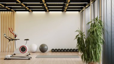 Koşu bandı, egzersiz bisikleti, halterler, yoga minderi ve fitness toplarıyla modern ev yapımı spor salonu tasarımı. Alan panjurlu, ahşap döşemeli büyük pencereleri içeriyor - 3D görüntüleme