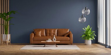 Kahverengi deri bir kanepe, dekoratif bir sehpa, büyük iç mekan bitkileri ve kolye ışıklarının yer aldığı modern bir oturma odası. Mekan koyu mavi aksanlı bir duvarla tasarlanmış. Üç boyutlu.