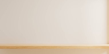 Minimalist iç mekan, bej yumuşak bir duvara karşı temiz ahşap bir raf içeriyor, doğal ışık ile aydınlatılıyor.