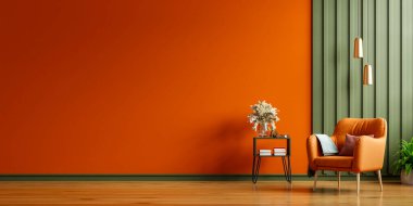 Yeşil dikey paneller, rahat bir turuncu koltuk, kolye ışıkları ve minimum dekorasyon içeren canlı turuncu duvar kontrastı içeriyor.