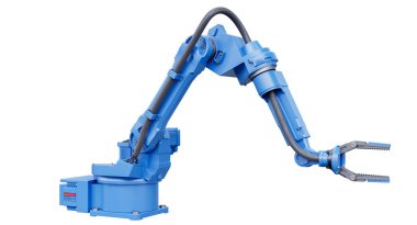 Şeffaf arkaplanda duran mavi robotik kol- 3D görüntüleme