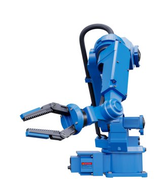 Şeffaf arkaplanda duran mavi robotik kol- 3D görüntüleme