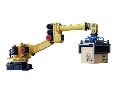 Sarı endüstriyel robotik kol kaldırma karton paket izole edildi - 3D görüntüleme