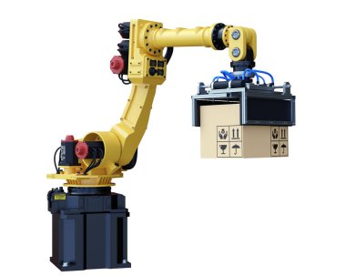 Sarı endüstriyel robotik kol kaldırma karton paket izole edildi - 3D görüntüleme
