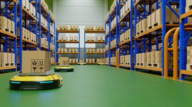 Depo lojistik ve ulaşım ve karton kutularla dolu turuncu raf ünitelerinde AGV (otomatik güdümlü araç) - 3D görüntüleme
