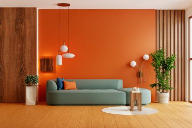 Turuncu duvarlı ve ahşap elementli modern rahat okuma köşesi. 3 boyutlu.