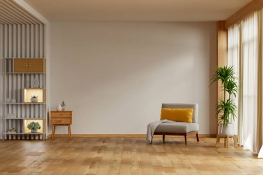 Görüntü, minimalist tasarımlı, parlak ve temiz bir oturma odasını gösteriyor.