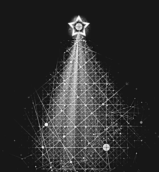 黒と白の接続マトリックスと仮想クリスマスツリーデザイン — ストック写真