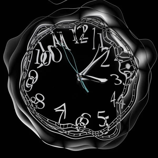 黑白三维图中的一个超写实主义扭曲时钟面 — 图库照片