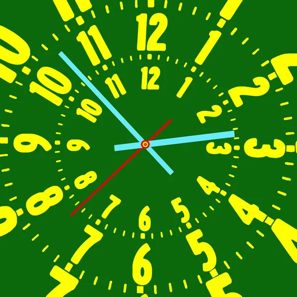 Ένα Ασυνήθιστο Αφηρημένο Σχεδιασμό Ρολόι Τοίχου Κίτρινο Αριθμούς Ένα Πράσινο — Φωτογραφία Αρχείου