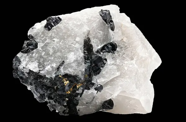 stock image A white quartz specimen with tourmaline crystals in close up 