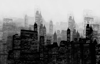 Gelecekçi New York şehrinin silueti siyah beyaz soyut. 