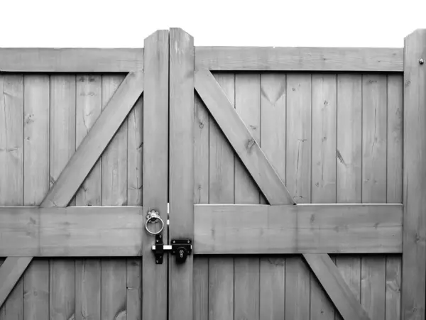 Wooden gates with lock and drop bolts in black and white