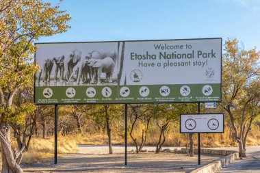 Sign at entrance of Etosha National Park, Etosha National Park, Namibia.