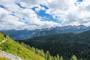 Slovenya 'daki Triglav Ulusal Parkı, Julian Alpleri' nde yürüyüş yapan bir kadının manzara fotoğrafı.