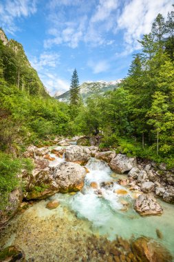 Triglav Ulusal Parkı 'ndaki Bovec yakınlarındaki Soca nehir vadisi, Julian Alps, Slovenya, Avrupa.