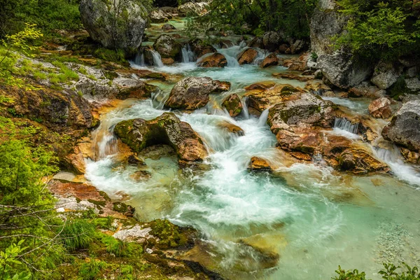 トリグラフ国立公園 ジュリアンアルプス スロベニアヨーロッパのボベック近くのビビッドターコイズソカ川渓谷 — ストック写真