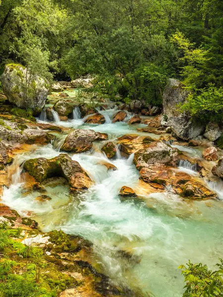 トリグラフ国立公園 ジュリアンアルプス スロベニアヨーロッパのボベック近くのビビッドターコイズソカ川渓谷 — ストック写真