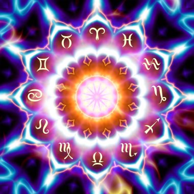 Soyut siyah arkaplan üzerinde burçlar olan sihirli bir çember. Zodiac çemberi