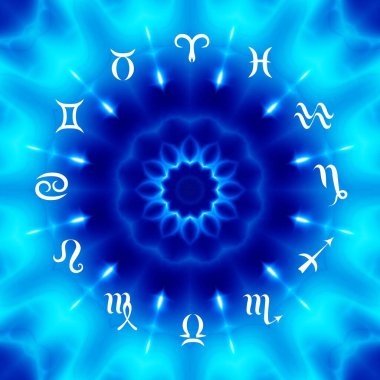 Soyut mavi arka planda zodyakların imzası olan sihirli bir daire. Zodiac çemberi