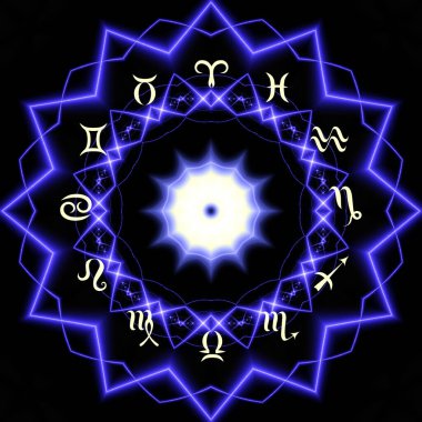 Soyut siyah arkaplan üzerinde burçlar olan sihirli bir çember. Zodiac çemberi