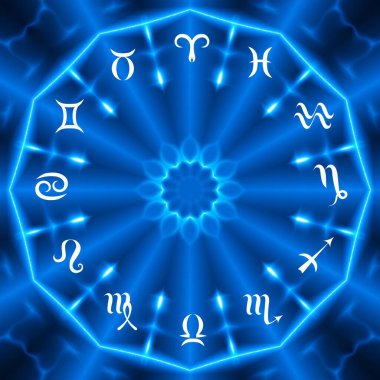Soyut mavi arka planda zodyakların imzası olan sihirli bir daire. Zodiac çemberi