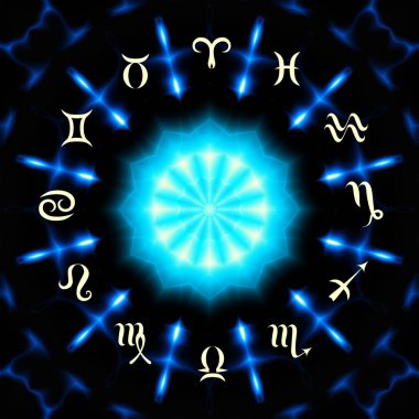 Soyut siyah arkaplan üzerinde burçlar olan sihirli bir çember. Zodiac çemberi