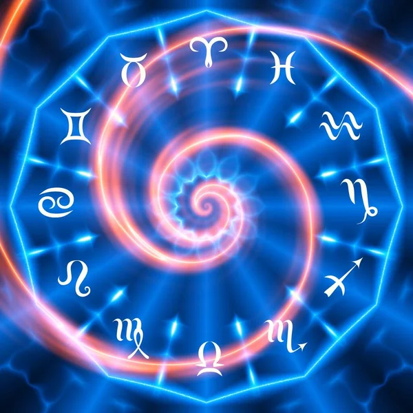 Magic circle with zodiacs sign on abstract blue background. Zodiac circle